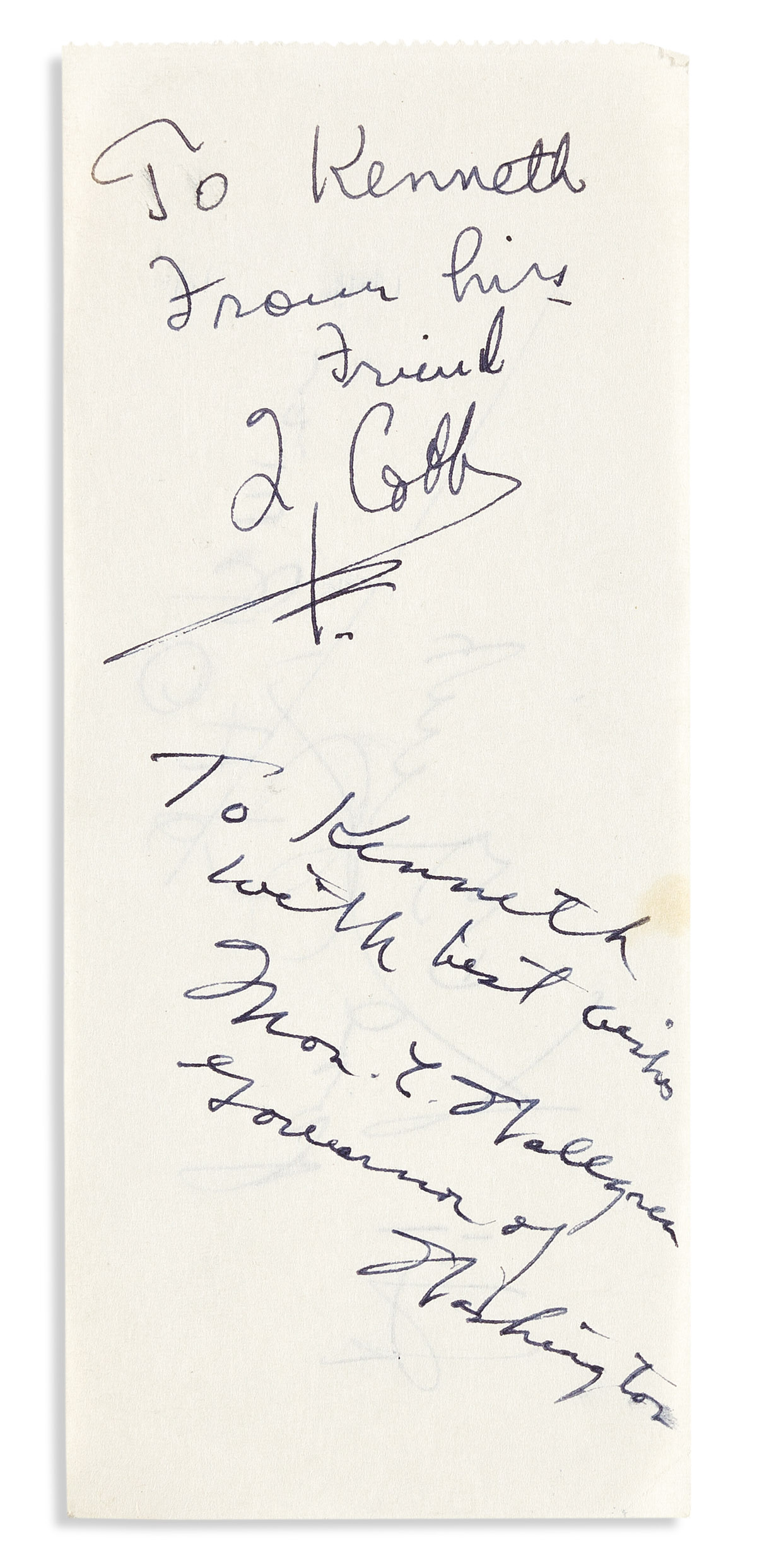 (BASEBALL.) RUTH, BABE; AND TYRUS RAYMOND COBB (TY). Signature by each, on separate slips of paper.